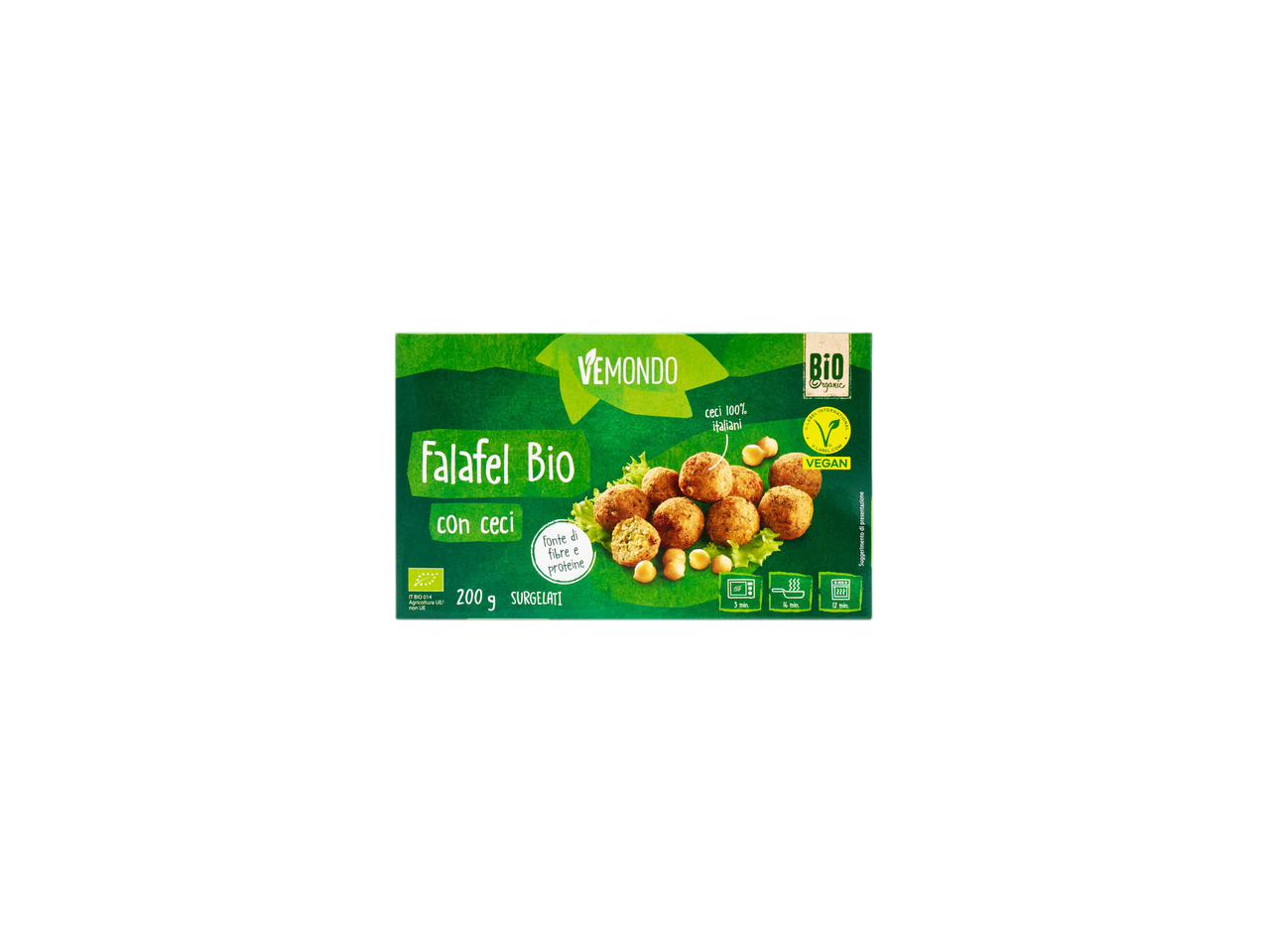 Confezione di falafel biologici con ceci, con indicazioni di cottura e certificazioni vegane.