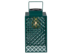 A dark teal solar-powered lantern with a decorative cut-out pattern and a warm glow.
