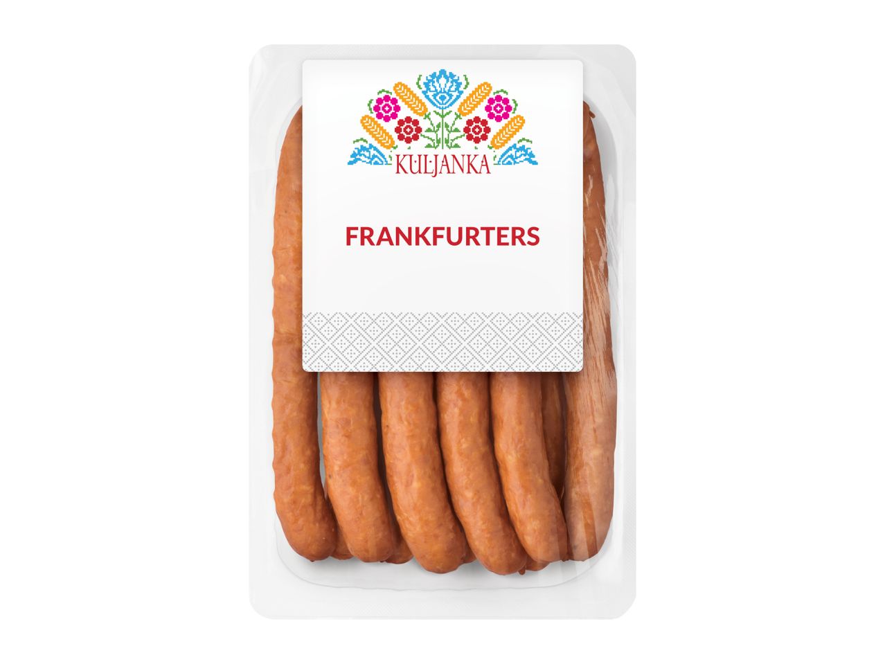 Pack of frankfurters with a white label featuring colorful folk art and a geometric pattern.