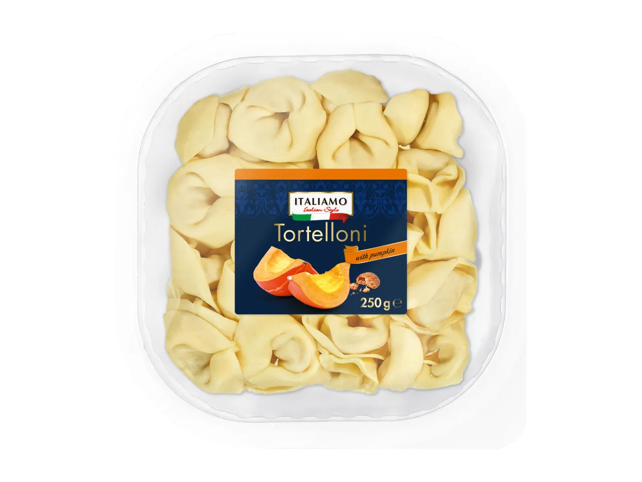 Tortelloni with pumpkin in a clear plastic tray, 250g.