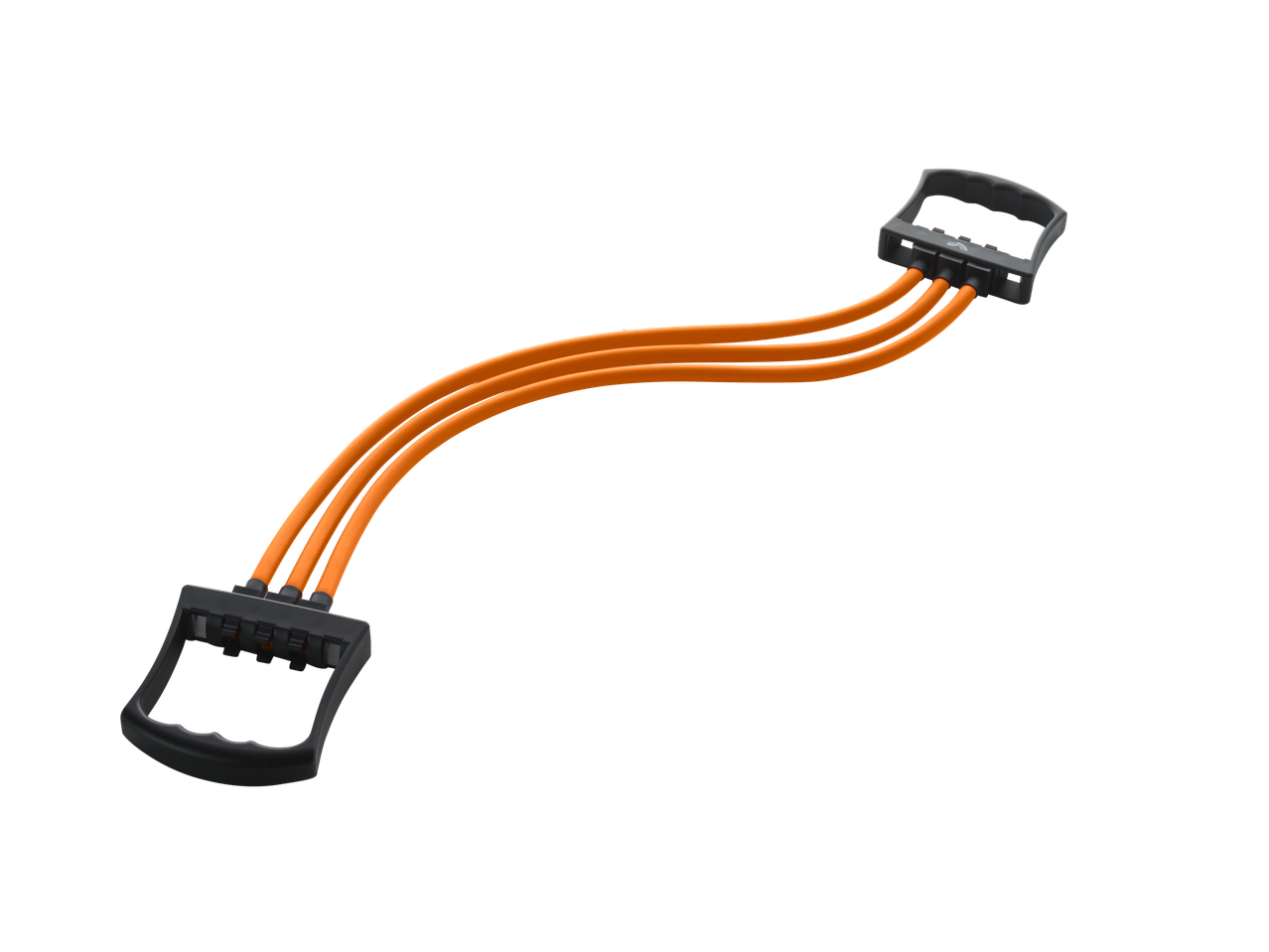 Oranžinis krūtinės plėtiklis su trimis juostomis ir juodomis rankenomis