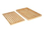 Bamboo bread slicer with a slatted cutting board and a crumb tray.