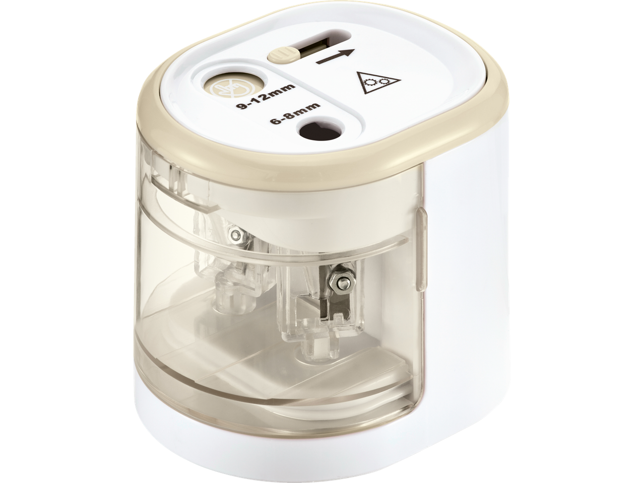 A beige and white electric pencil sharpener with two sharpening holes.