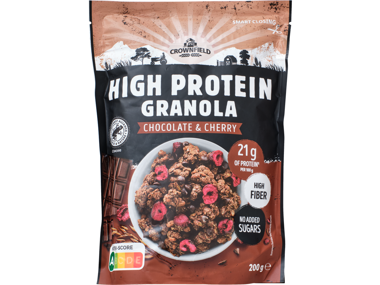 CROWNFIELD Valgurikas krõbe müsli, šokolaadi ja kirsi, 200g, 21g valku 100g kohta.