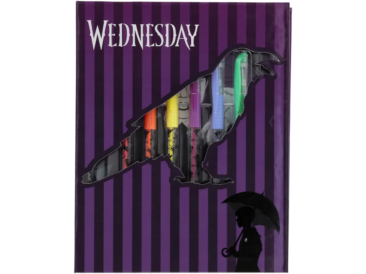 Wednesday kūrybinių reikmenų rinkinys su spalvotais markeriais ir personažo su skėčiu siluetu.
