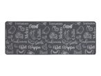 Grey kitchen runner rug with white vegetable illustrations and names