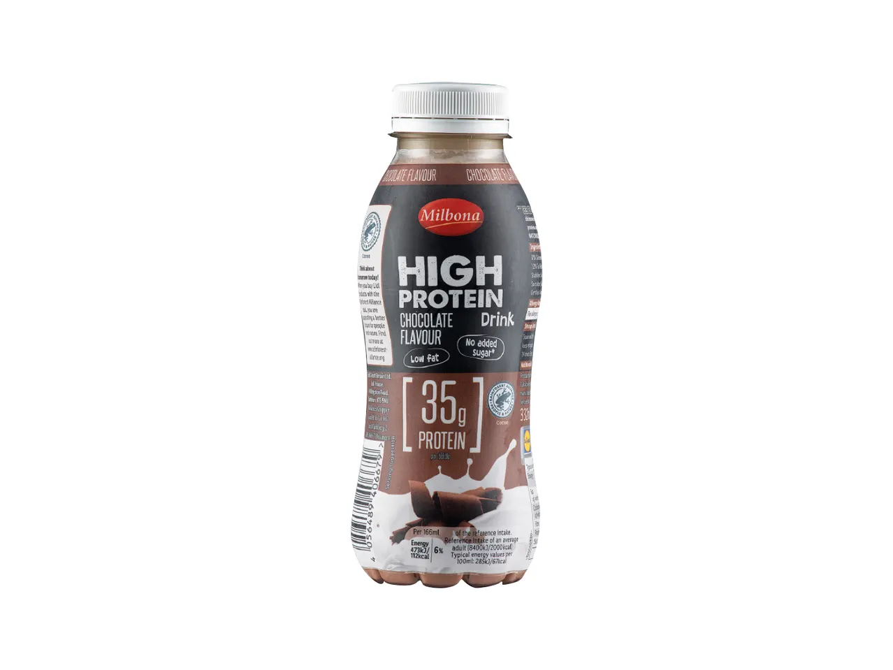 Milbona chocolate high protein drink: 35g protein, no added sugar.