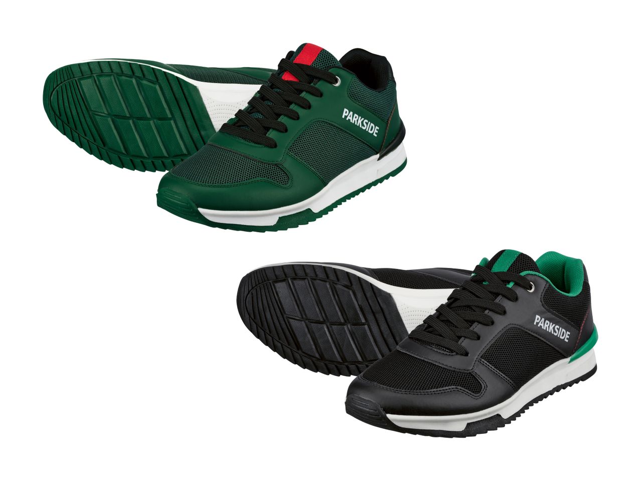To par Parkside-sneakers, et grønt og et sort, med hvide såler.