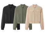 Tre bomberjackor i olika färger: svart, olivgrön och beige.
