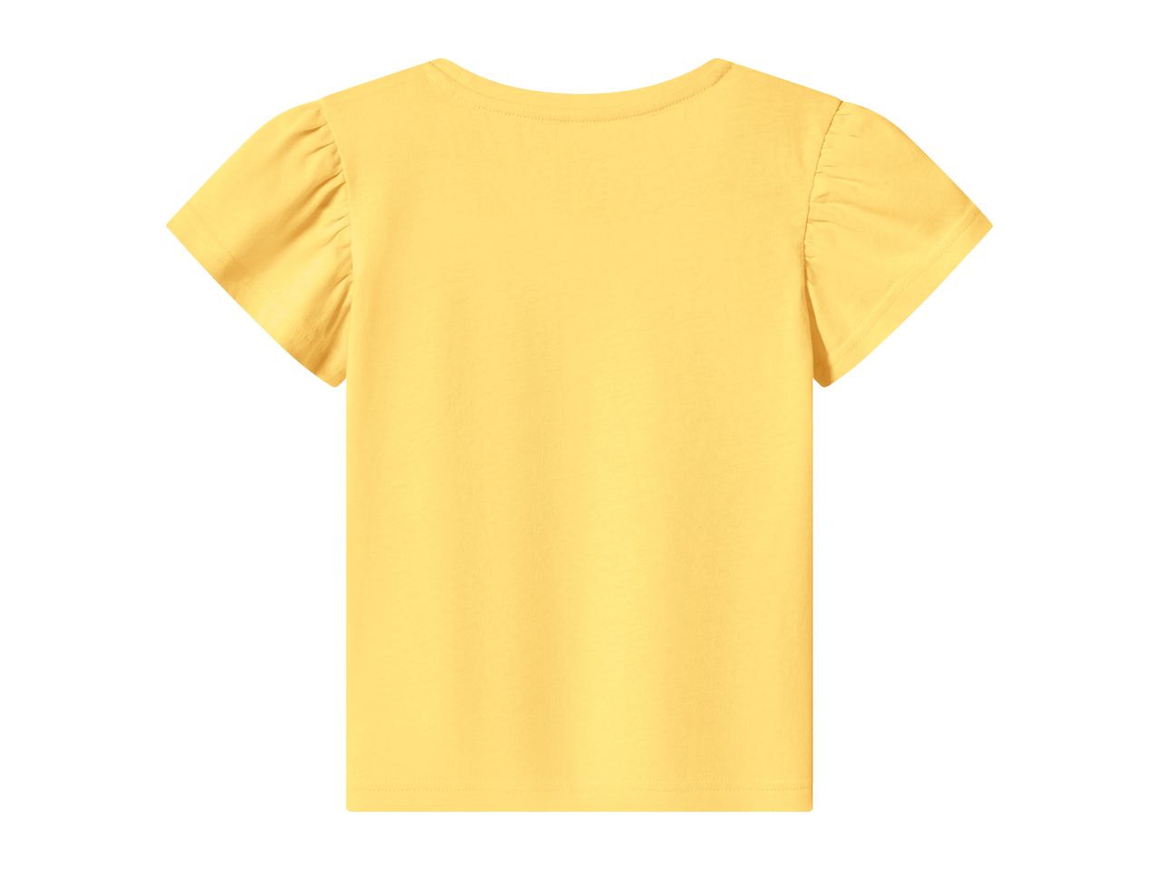 Yellow short-sleeved t-shirt with ruffled sleeves, back view.