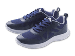 Ein Paar dunkelblaue Sportschuhe mit weißen Sohlen auf schwarzem Hintergrund.