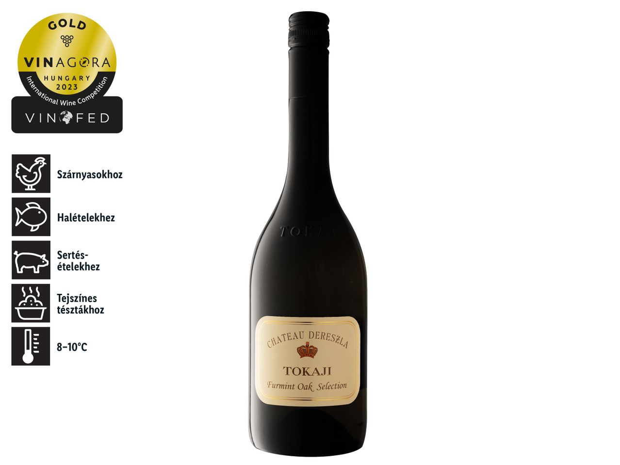Chateau Dereszla Tokaji Furmint Oak Selection palack, aranyérmes bor.