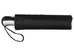 Black folded umbrella in a sleeve with a wrist strap.