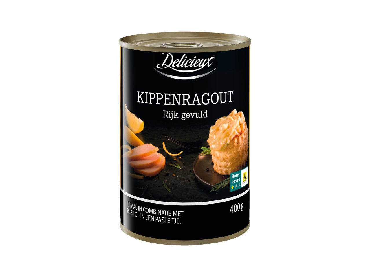 Delicieux Kippenragout in blik, rijk gevuld, 400g.