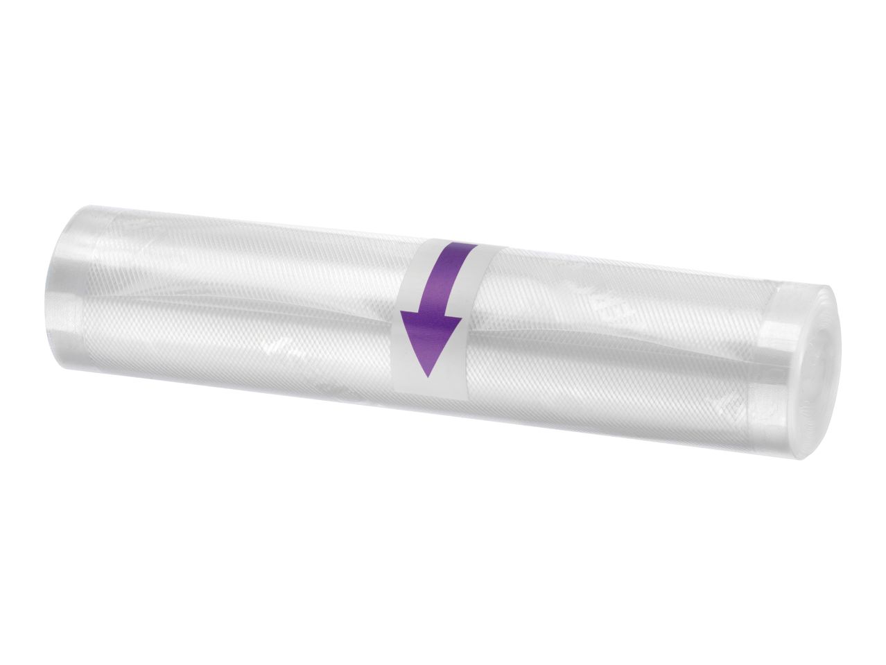 Roll of textured vacuum sealer bags with a purple arrow sticker