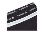 Three pairs of black men's boxer briefs with white waistbands featuring repeating text.