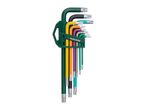A set of colorful L-shaped Torx keys in a green holder, with sizes T10 to T50 visible.