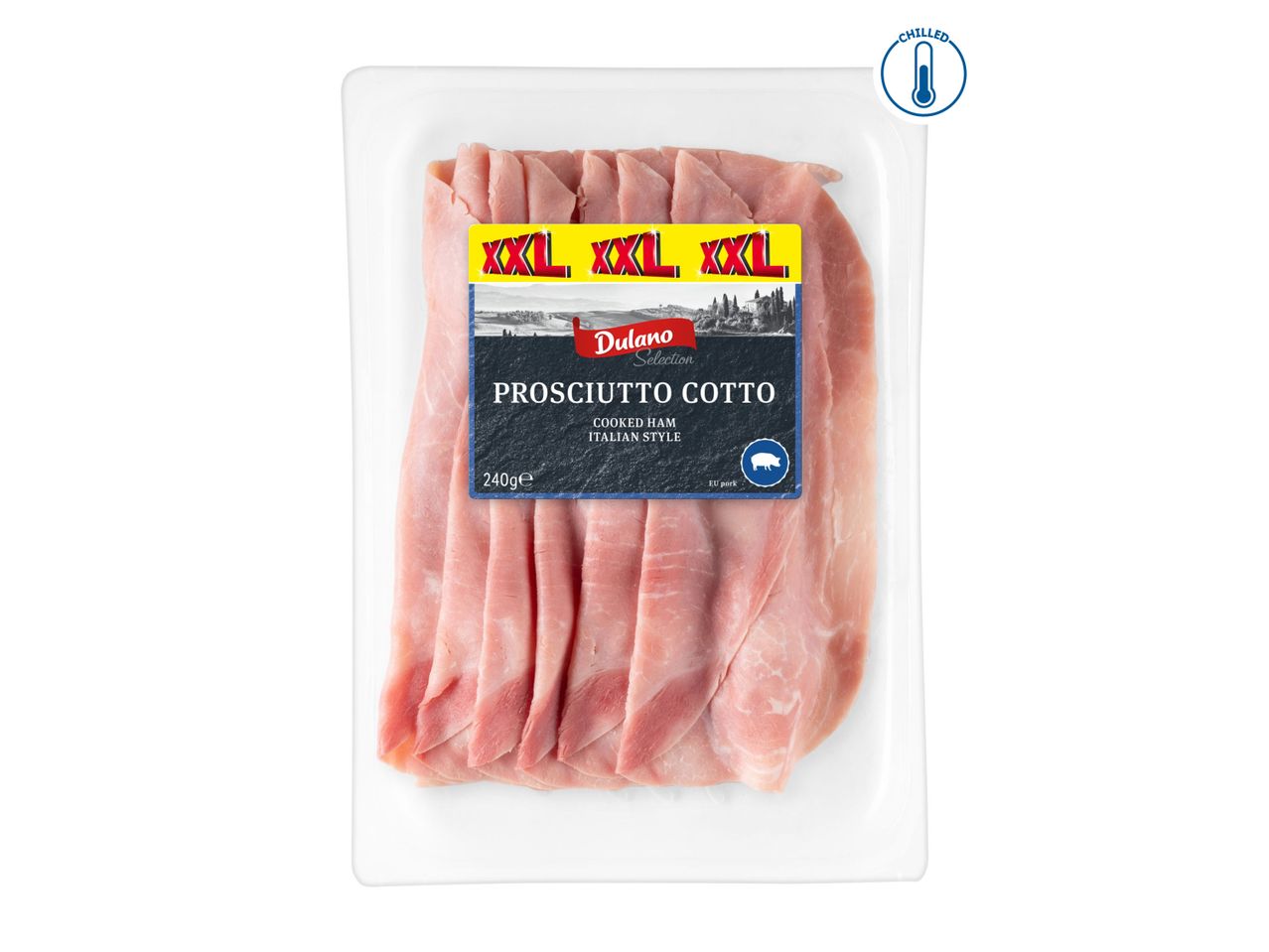 Dulano Selection Prosciutto Cotto, XXL slices of cooked Italian-style ham in a chilled package.