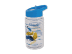 Eine blaue Trinkflasche mit Motiv.