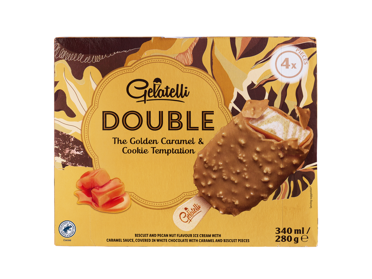 Înghețată pe băț Gelatelli Double cu caramel și biscuiți, pachet de 4.