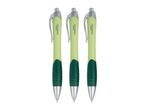 Three light green and dark green pens with silver clips and tips.