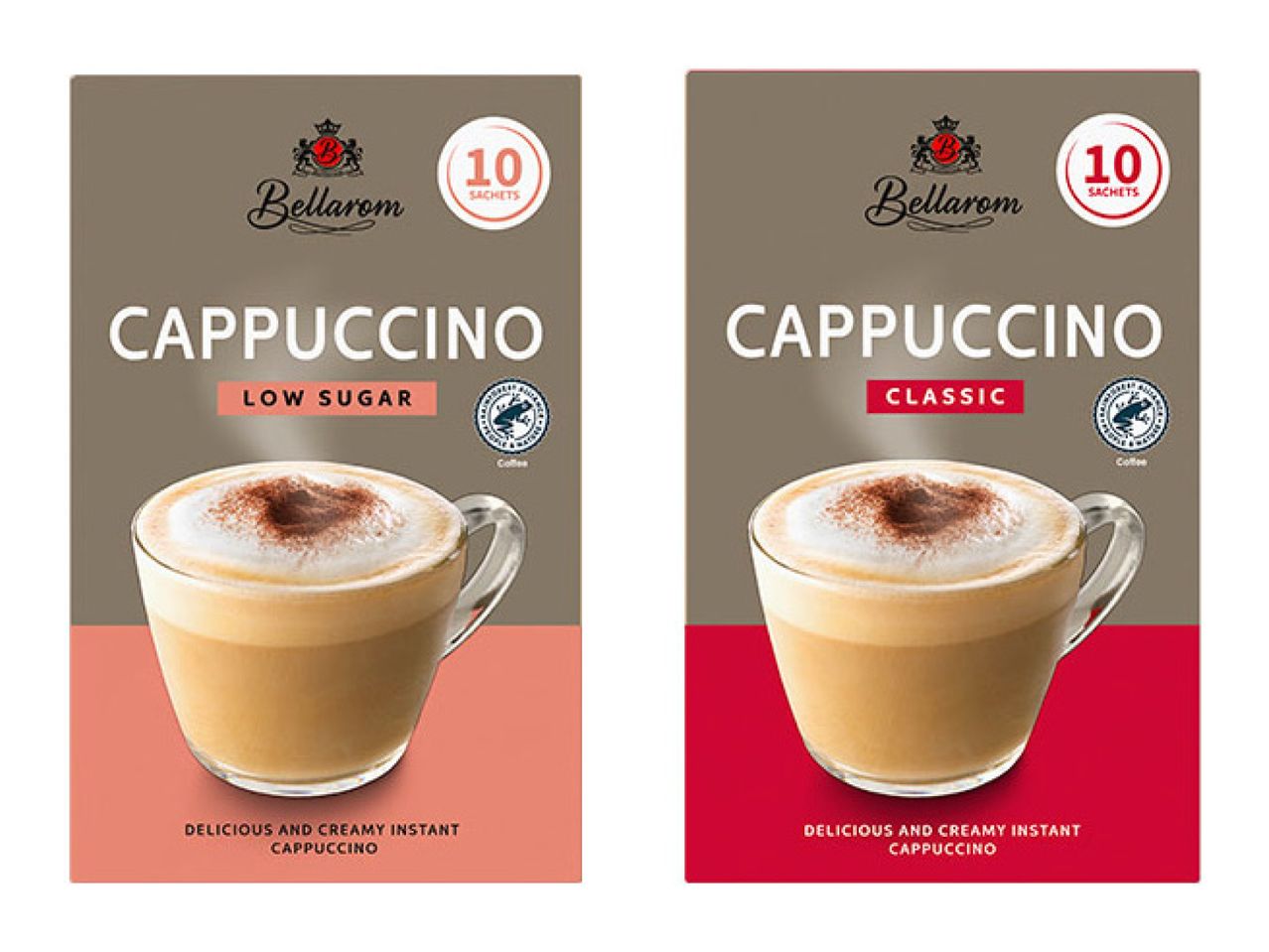 Two instant cappuccino mixes: one low sugar and one classic, both with 10 sachets.