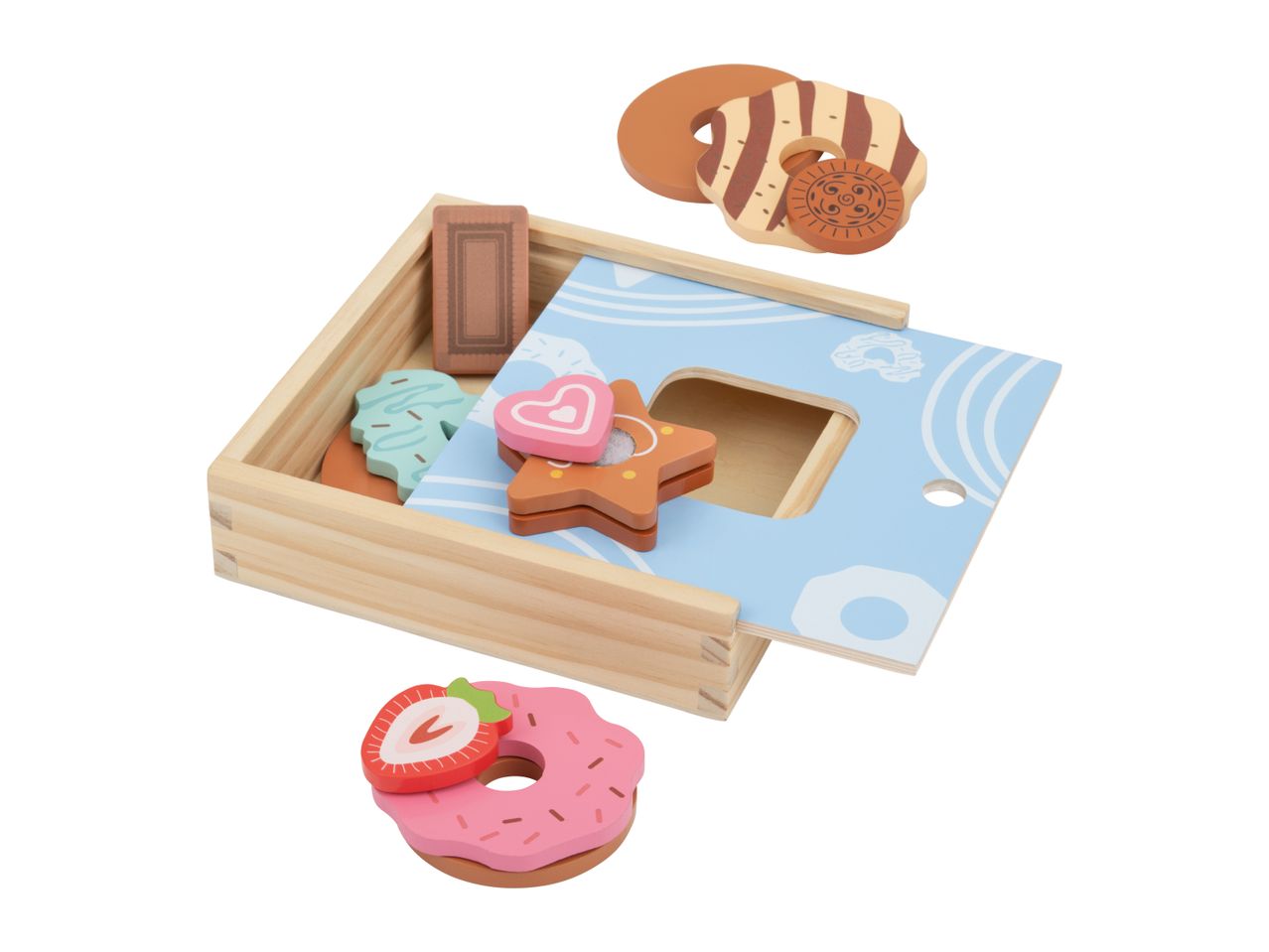 Wooden toy dessert set with a box, donuts, cookies, and a star-shaped pastry.