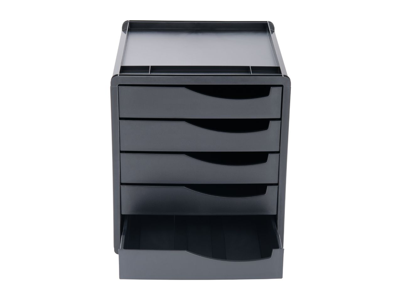 Dark grey plastic desk organizer with five drawers, one partially open.