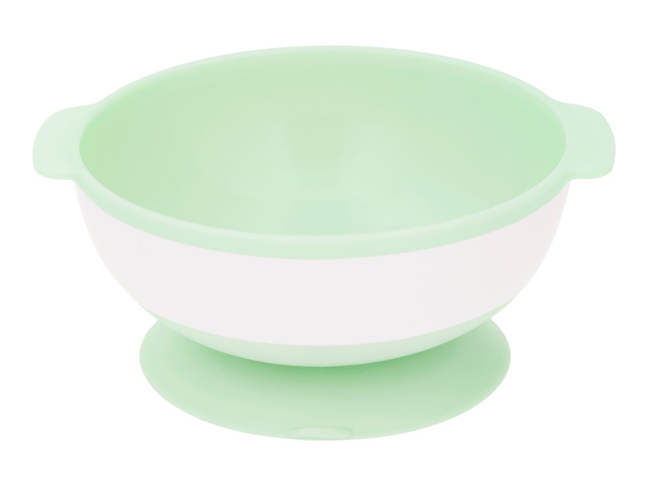 Green and white baby bowl with handles and a suction base.