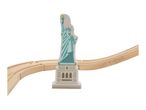 Wooden toy train track with a Statue of Liberty cutout in the center.