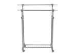 Adjustable double rail garment rack with wheels and a bottom shelf, made of metal and plastic.