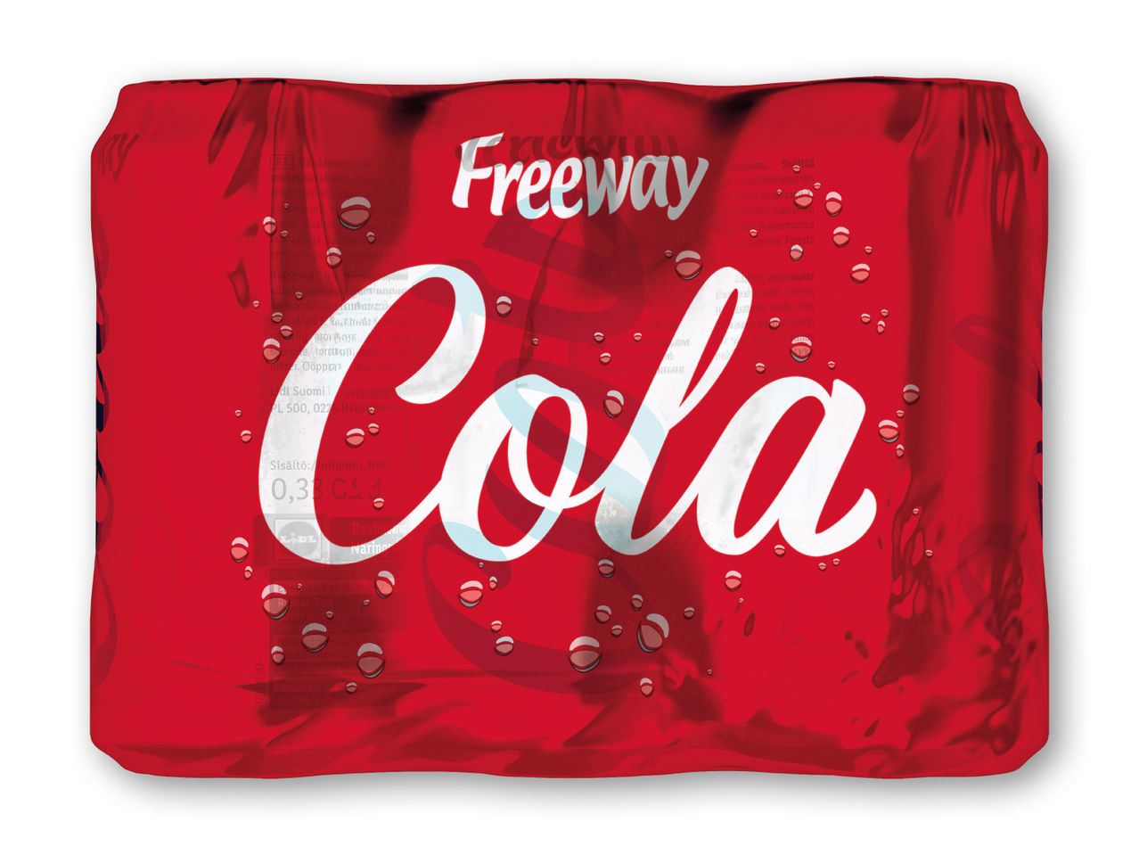 En pakke Freeway Cola dåser med vanddråber på.