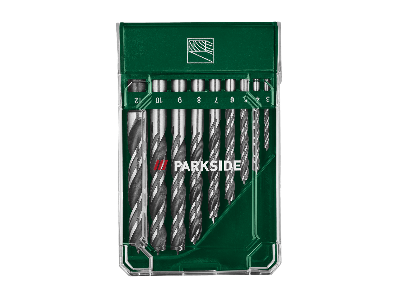 PARKSIDE® HSS daugiafunkcinių grąžtų rinkinys žaliame dėkle.