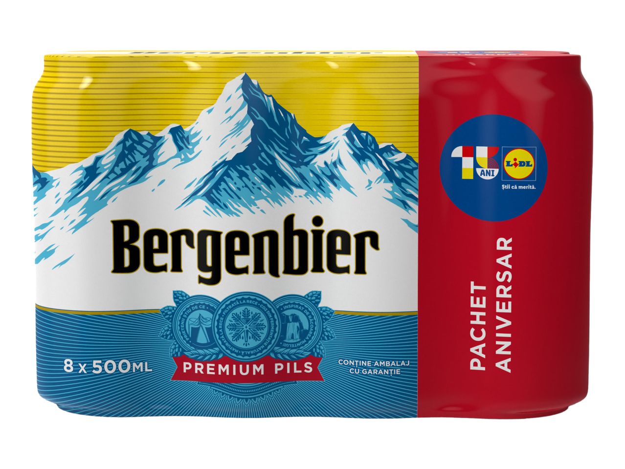 Pachet aniversar de 8 beri pilsner premium de 500ml, cu design montan și logo aniversar.