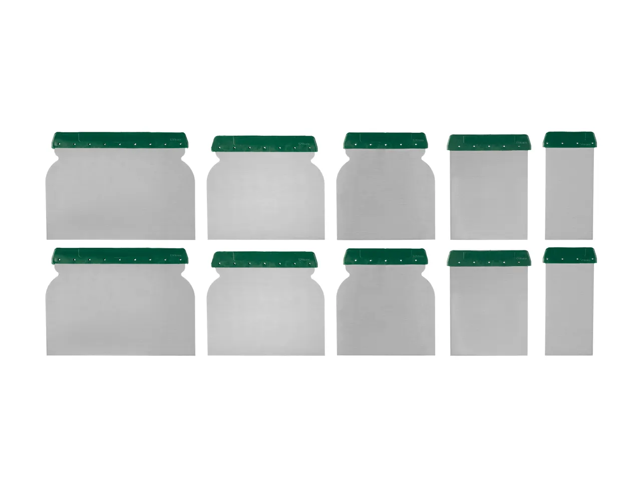 Spatole per stucco di diverse dimensioni con manici verdi.