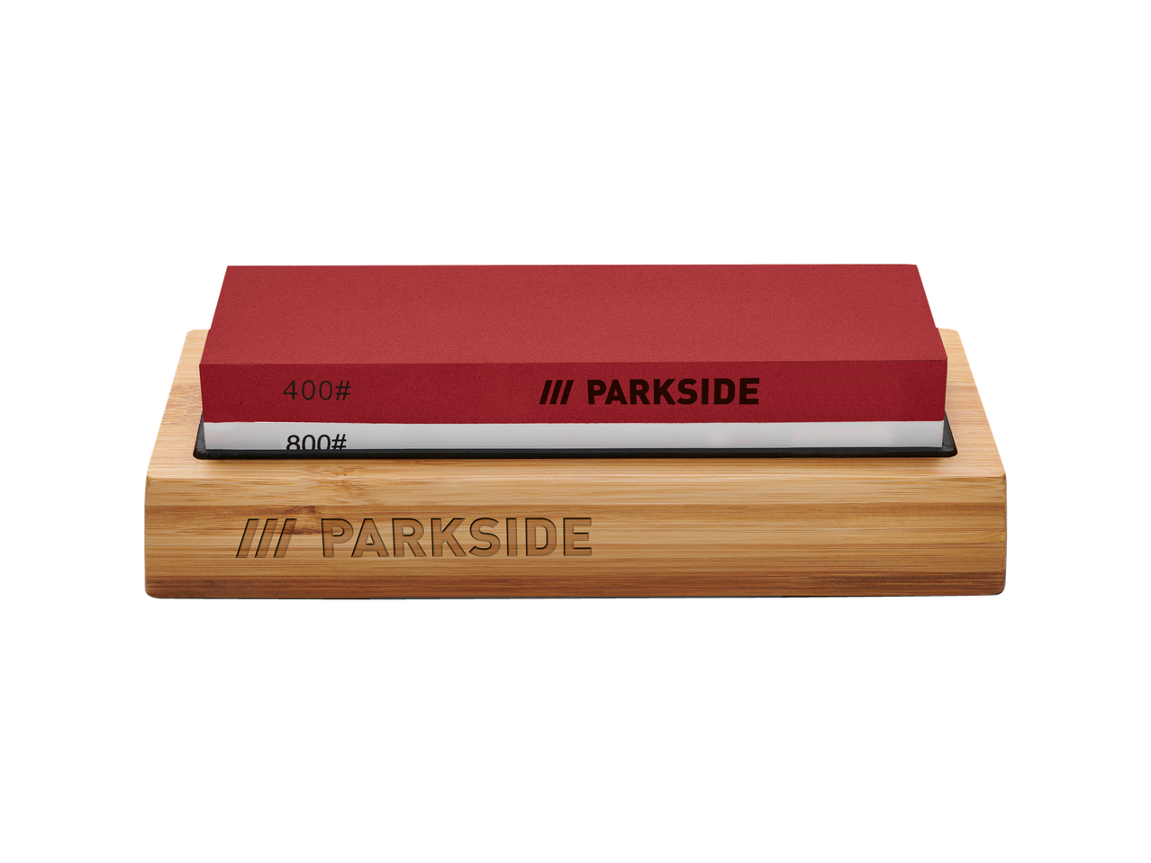 Двострани камен за оштрење Parkside, 400# и 800#, на бамбусној подлози.