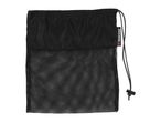 Black mesh drawstring bag with a solid top panel.