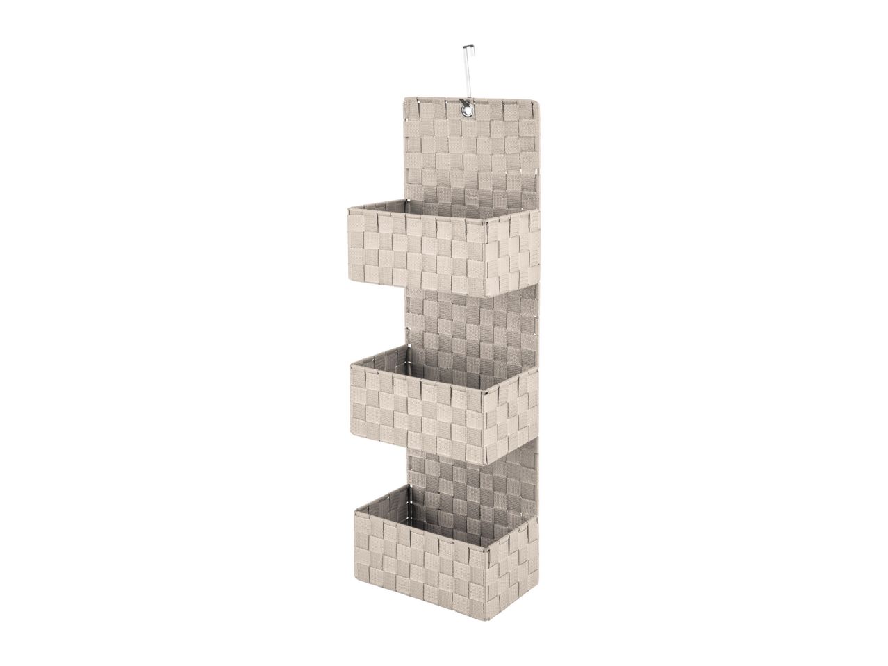 Beige woven fabric hanging organizer with three shelves.