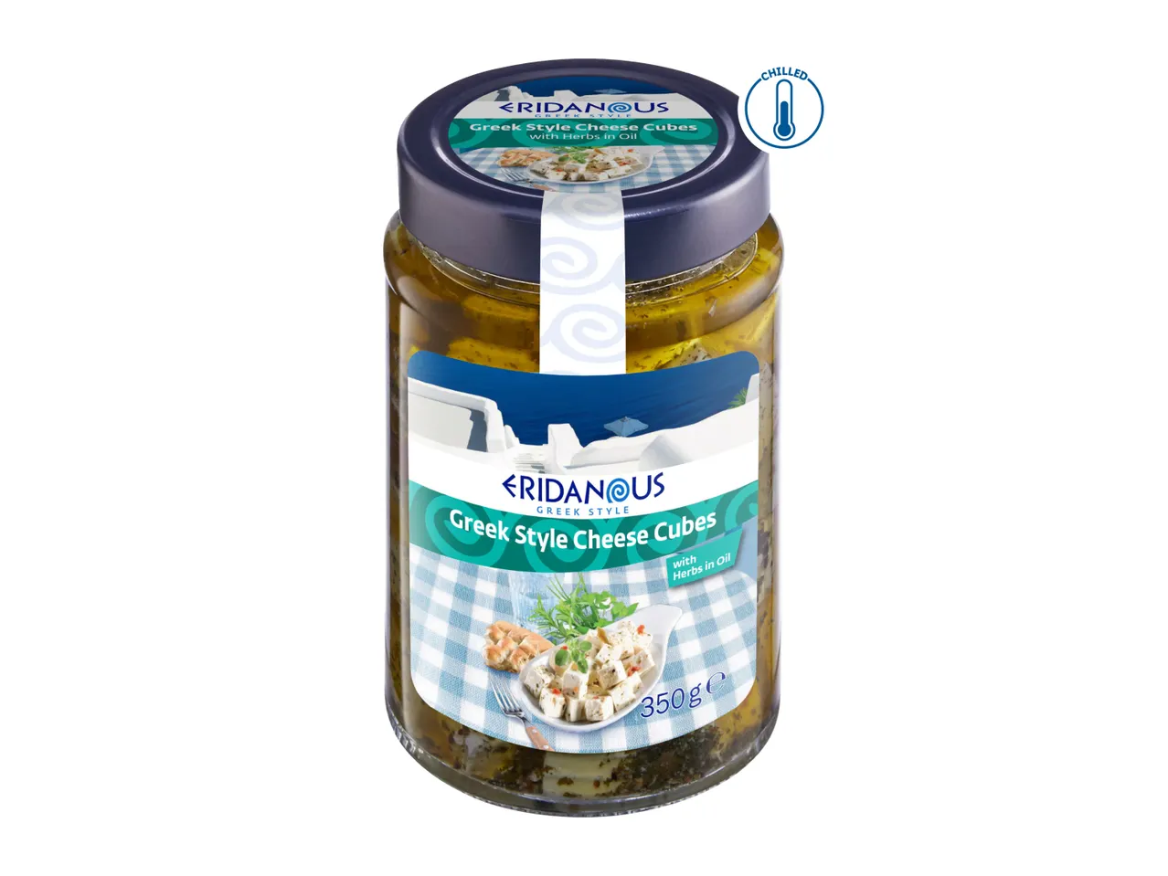 Ridanous Greek Style Cheese Cubes with Herbs in Oil, 350g, chilled.