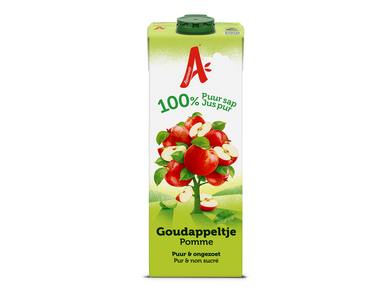 Een pak 100% puur appelsap met de tekst 'Goudappeltje' en een illustratie van appels.