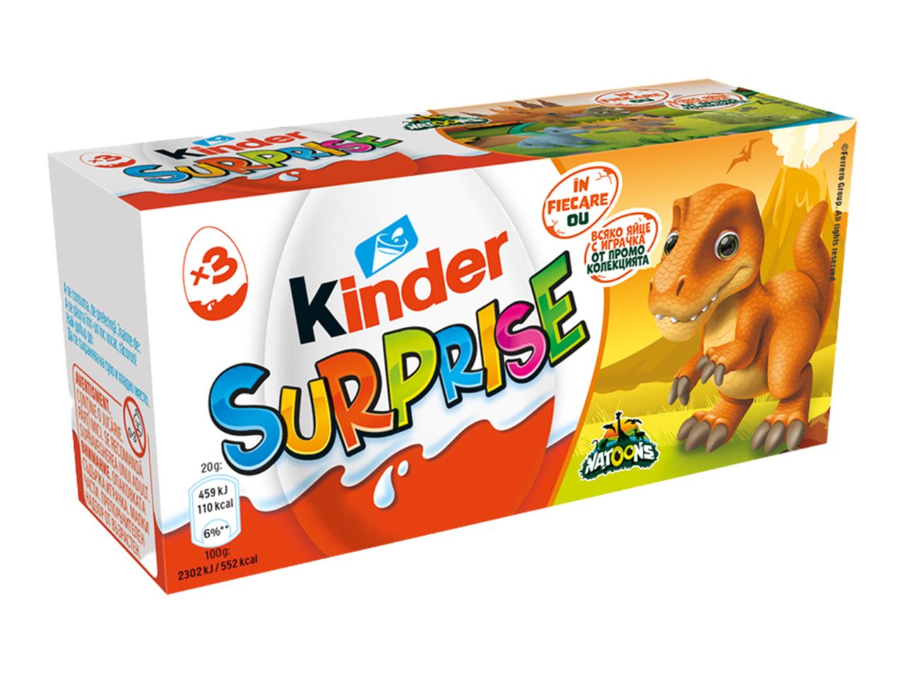 O cutie de Kinder Surprise cu tematică de dinozauri, cu un dinozaur portocaliu pe partea dreaptă.