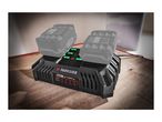 Dual battery charger with two batteries, showing charging times for various capacities.