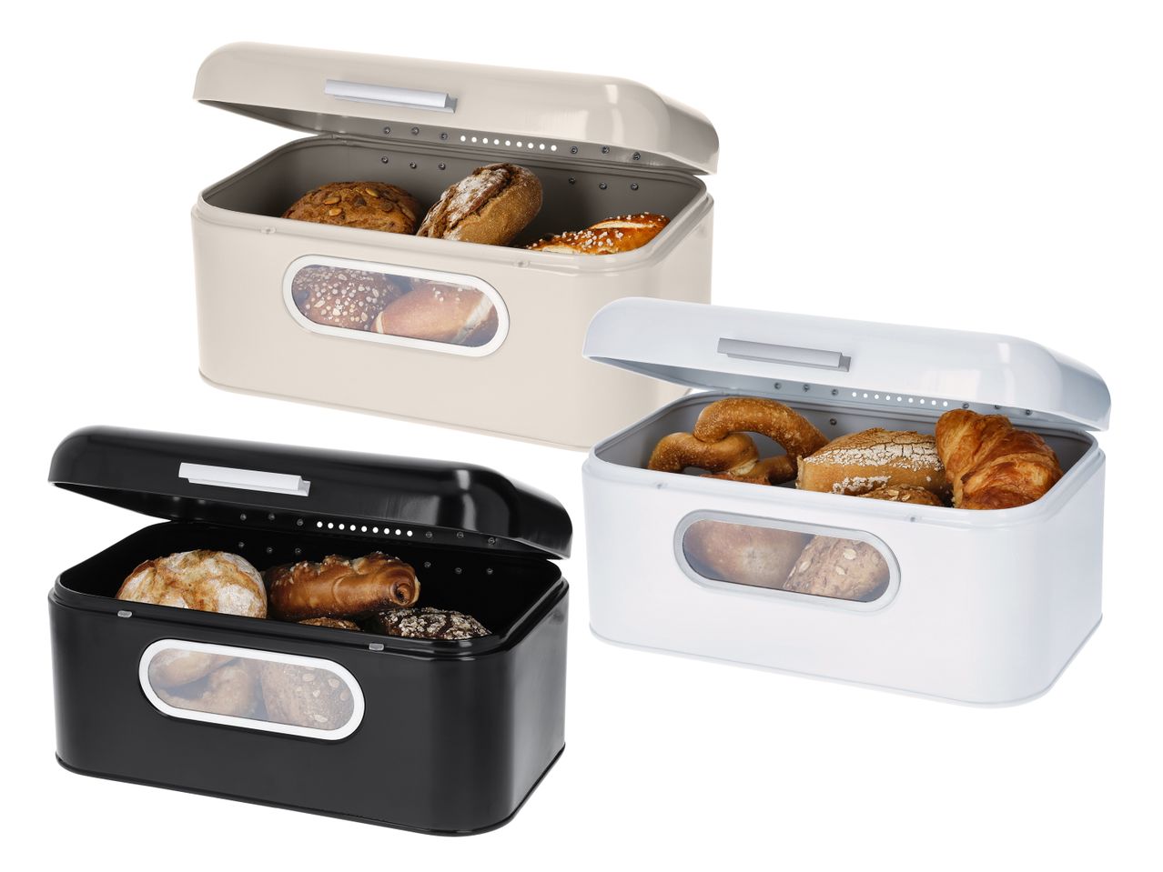 Drei Brotboxen in Beige, Schwarz und Weiß, gefüllt mit verschiedenen Backwaren wie Brötchen und Croissants.