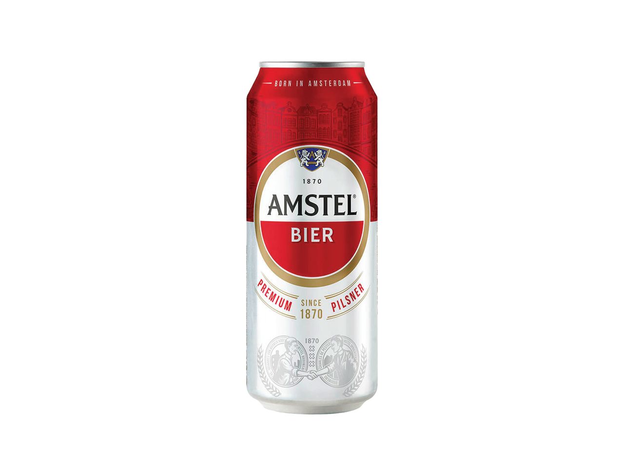 Crvena i srebrna limenka Amstel Bier piva sa natpisom „Born in Amsterdam“.