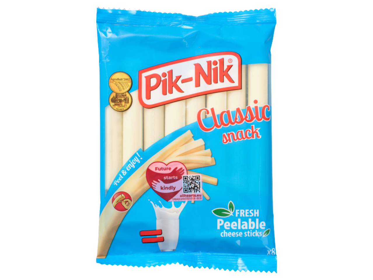 Pik-Nik Classic snack juustupulkade pakend, 8 tk, kirjaga „Peel & enjoy!“