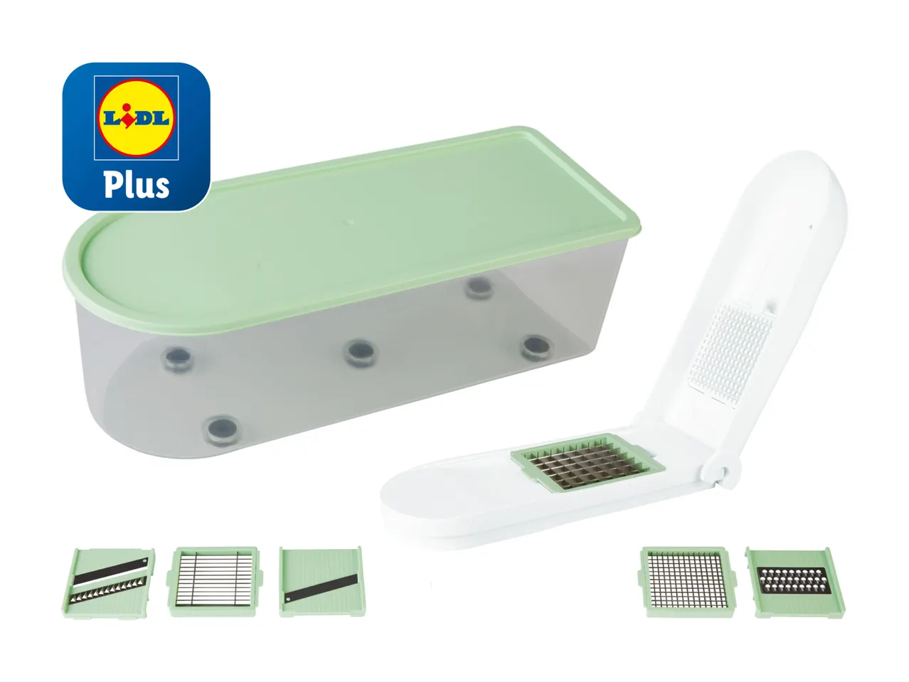 Lidl Plus Hand-Gemüseschneider mit verschiedenen Aufsätzen und Aufbewahrungsbehälter.