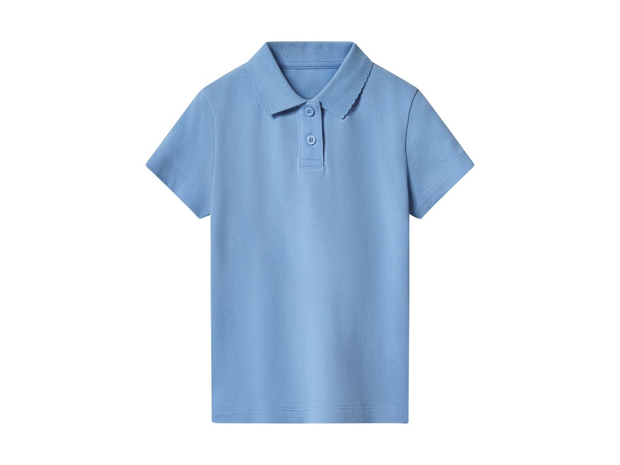 Light blue short-sleeved polo shirt with a scalloped collar and two buttons.