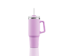 Purple insulated tumbler with straw and handle.