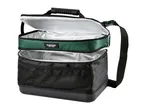 Two-tier cooler bag in black and green with a handle and shoulder strap, open to show insulated interior.
