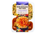 Babi Pangang met nasi, varkensvlees in zoete tomatensaus en ingelegde groenten, 500g.